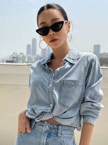 DAZY Y2K风格贴袋纽扣前襟牛仔上衣，牛仔外套，秋季女装长袖女装