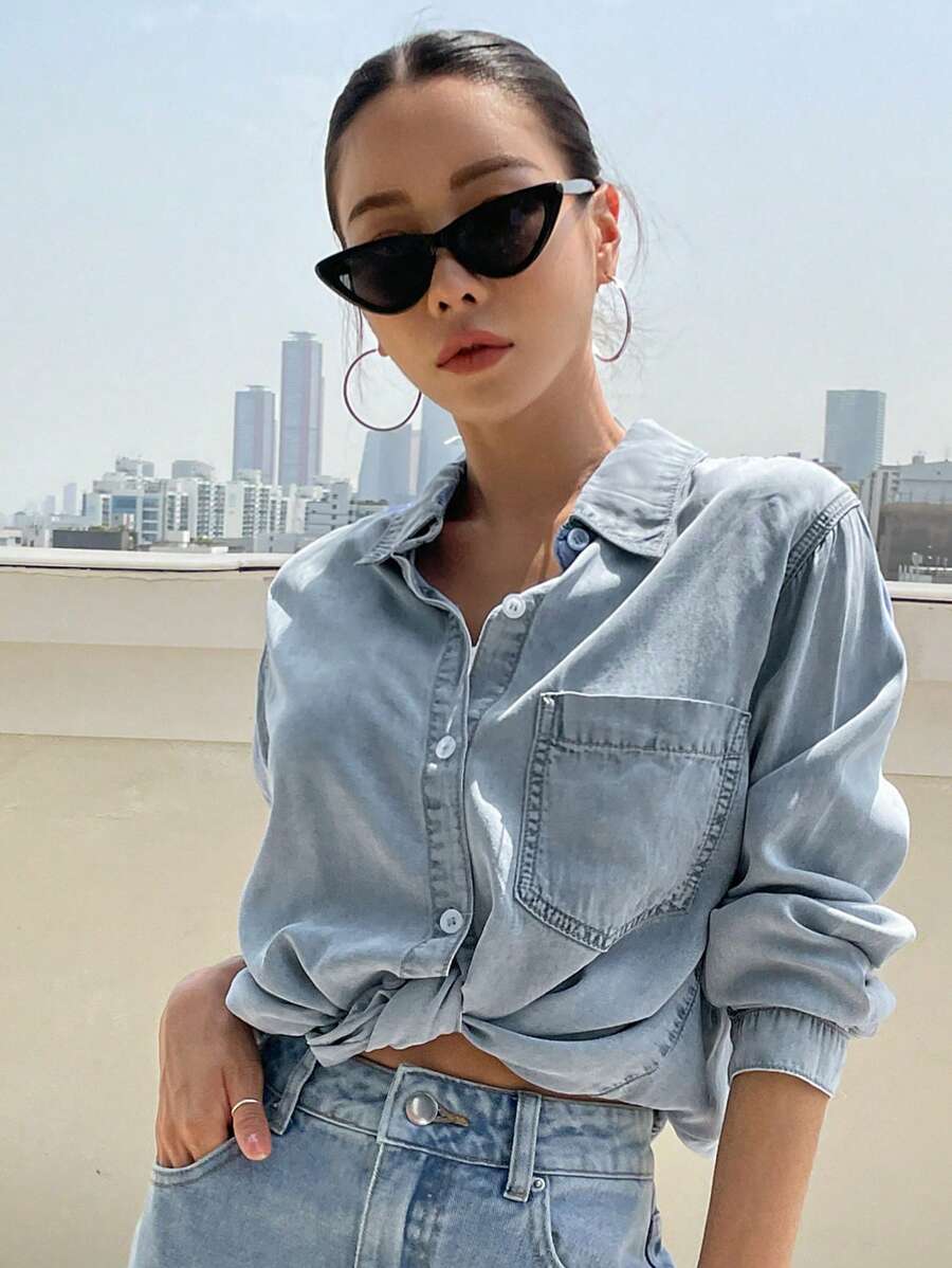 DAZY Y2K风格贴袋纽扣前襟牛仔上衣，牛仔外套，秋季女装长袖女装