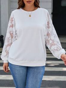 SHEIN LUNE 大碼蕾絲拼接運動衫 - 白色 - 查看 5