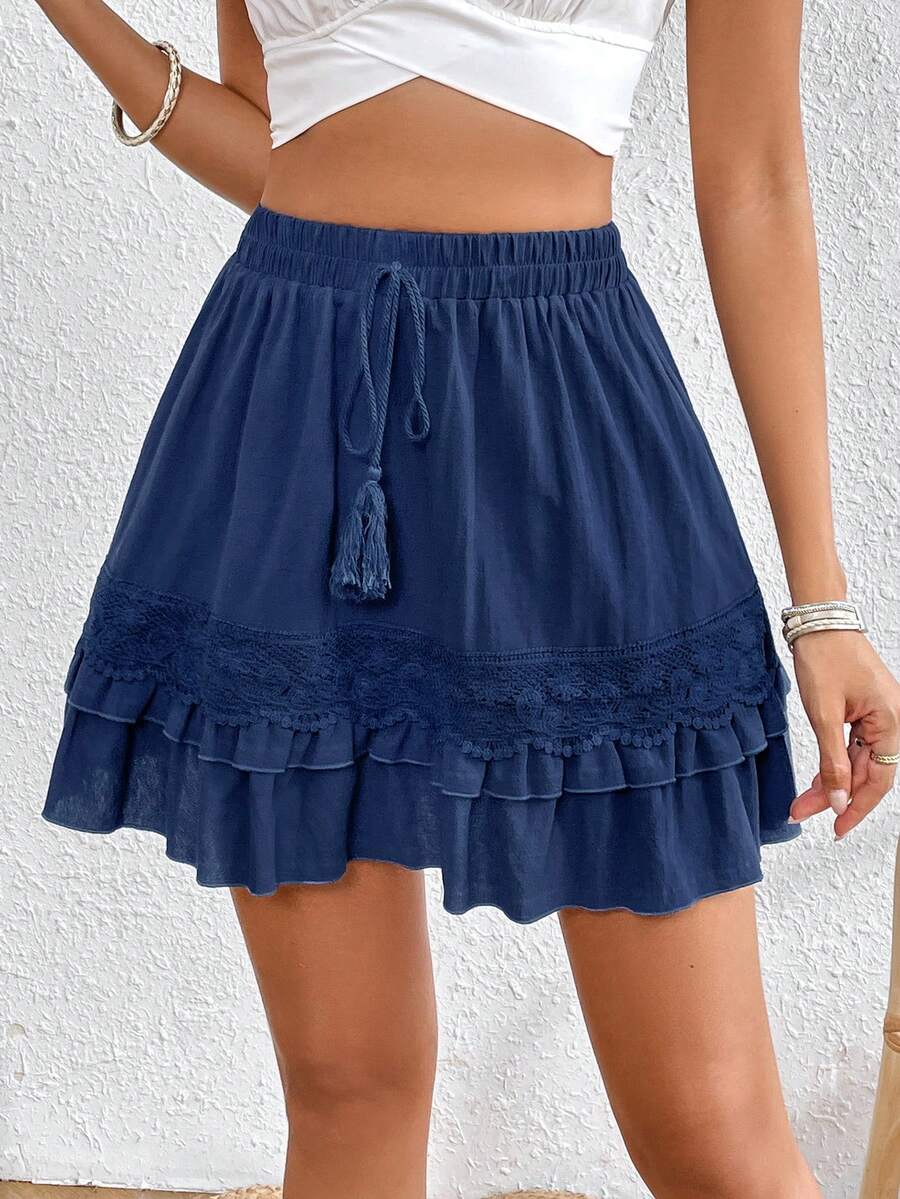 SHEIN VCAY Ren tương phản Tua Tie Trước Váy - Màu xanh hải quân - Xem 1