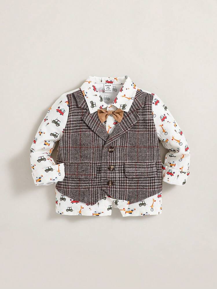 Baby Boy Car Print Bow Front 2 In 1 Shirt