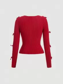 SHEIN MOD 鏤空打結細節開衩袖套頭毛衣 - 紅色 - 查看 2