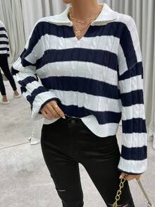 SHEIN Essnce Hai âm Thả vai Xoắn Dan Áo len - Xanh và trắng - Xem 3