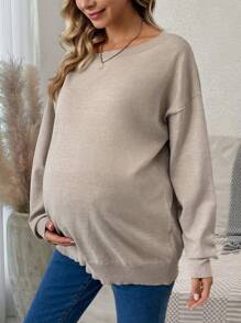 SHEIN Maternity Off Shoulder Drop Sleeve Sweater, For Winter - Khaki - View 5