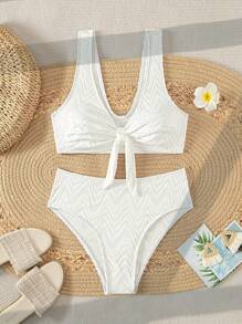 Knot Front Bikini Set - White - View 1
