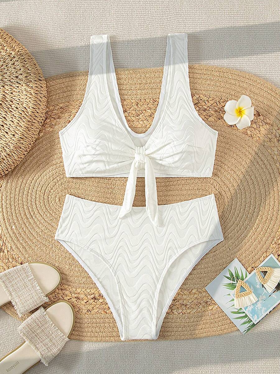 Knot Front Bikini Set - White - View 1