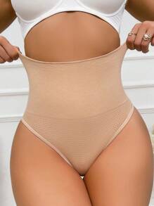 Women's Apricot High Waisted Thong Shapewear Mini Shorts With Slight Stretch Plain Casual Comfy Design Semi Sheer Fabric - Apricot - View 4