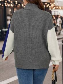 SHEIN LUNE Plus Colorblock Turtleneck Drop Shoulder Split Hem Sweater - Multicolor - View 2