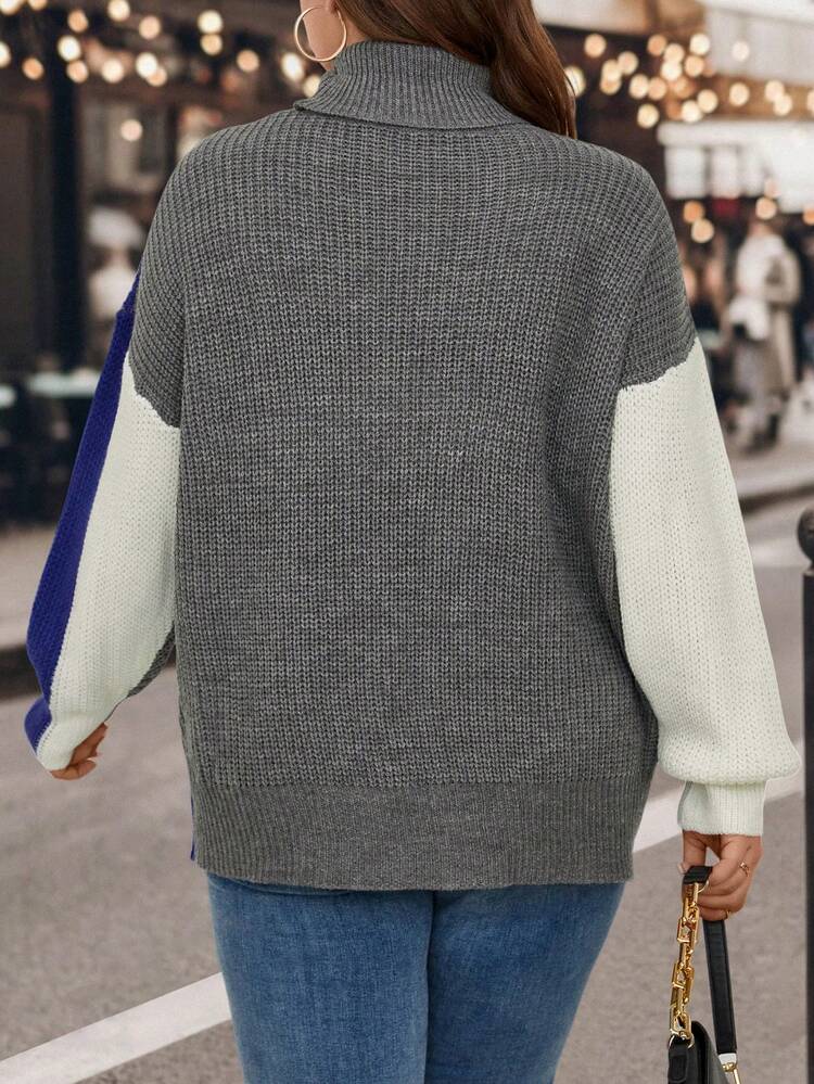 Plus Colorblock Turtleneck Drop Shoulder Split Hem Sweater