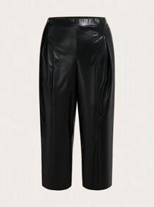 SHEIN CURVE+ 大碼褶皺PU皮革長褲 - 黑色 - 查看 1