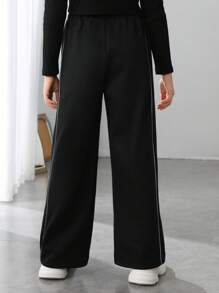 Tween Girl Letter Patched Reflective Contrast Piping Sweatpants - Black - View 2