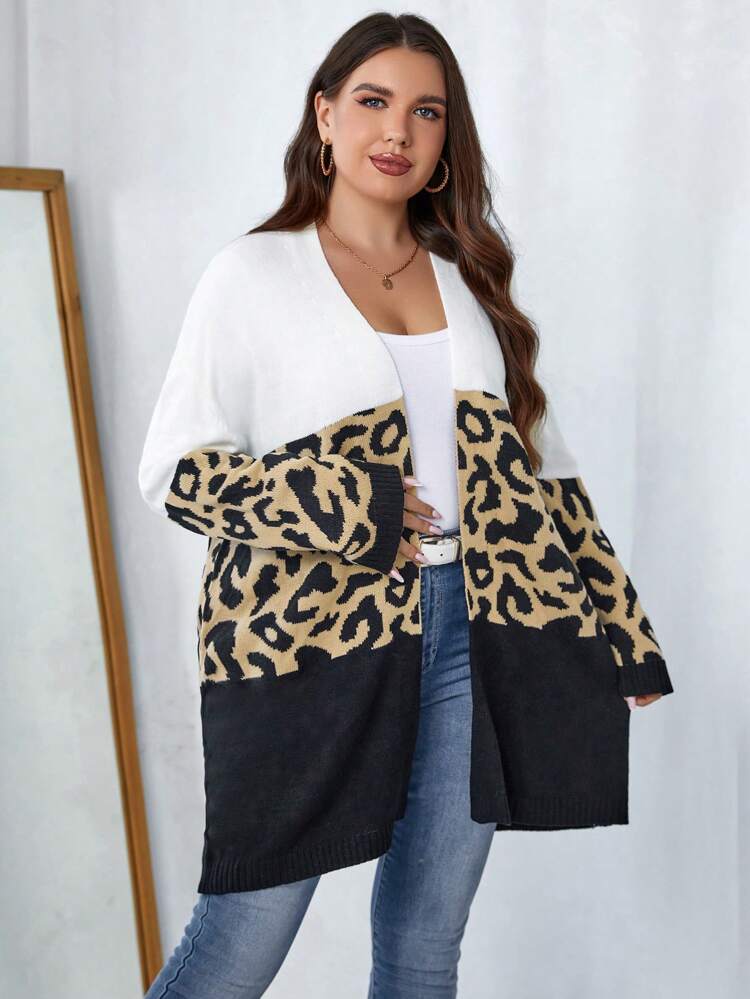 Plus Size Leopard Pattern Colorblock Drop Shoulder Cardigan