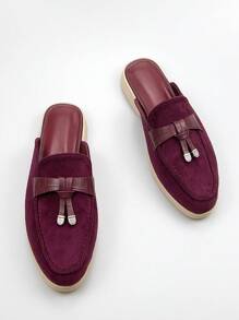 Fall/Winter Women's Comfortable Casual Style Burgundy Velvet Round Toe Flat Loafers,Mule - Burgundy - View 2