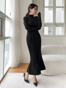 DAZY 素色小高領魚尾裙下擺洋裝 - 黑色 - 查看 5