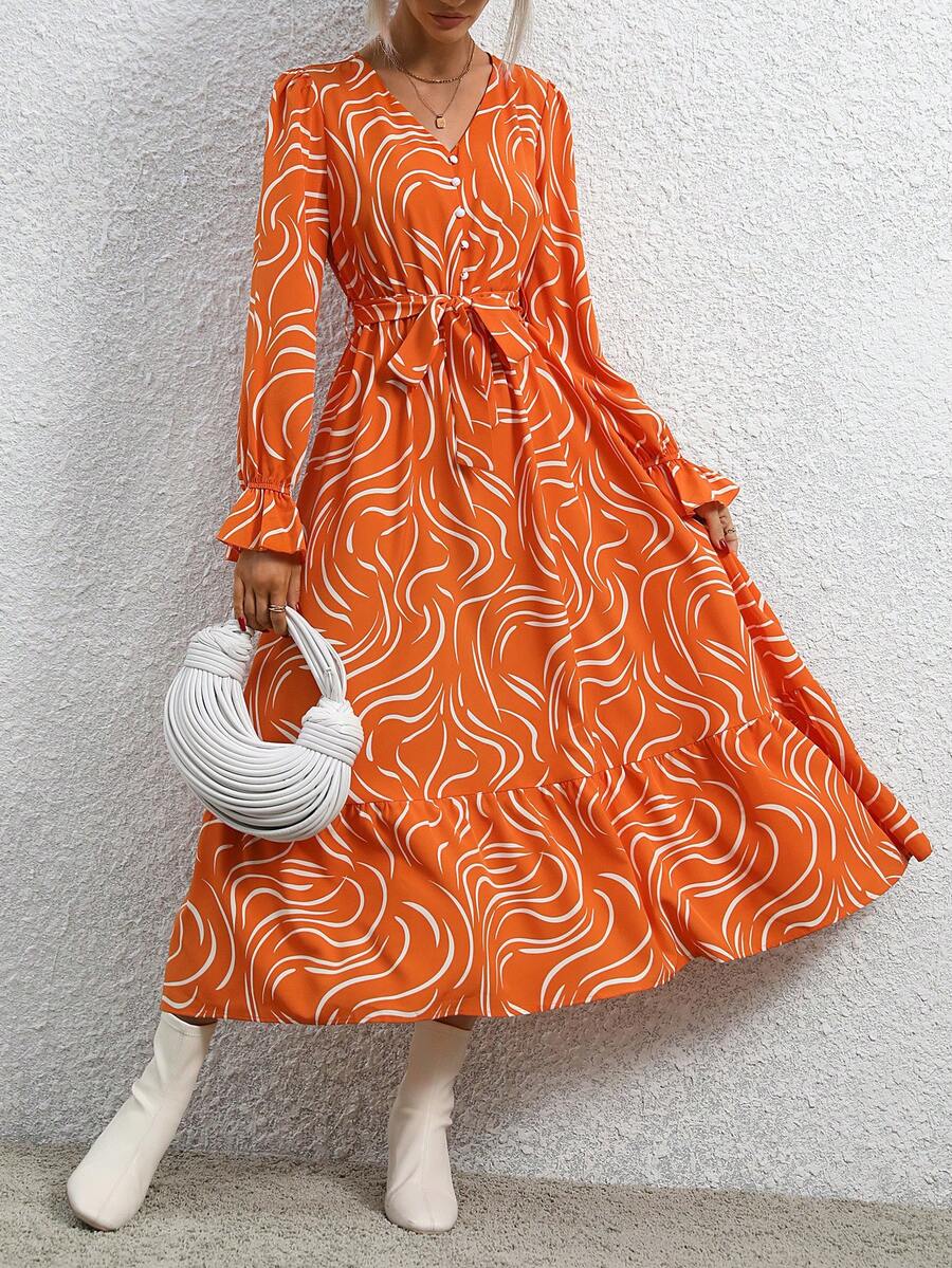 SHEIN Frenchy Allover Print Flare Sleeve Belted Dress - Multicolor - View 1