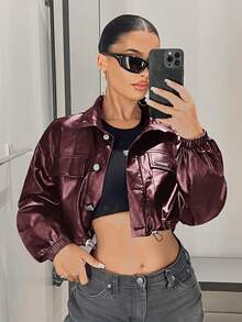 SHEIN ICON 翻蓋口袋抽繩下擺短夾克 - 酒紅色 - 查看 7