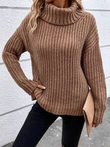 SHEIN LUNE Áo cao cổ Thả vai Đồ đan Ribbed Áo len - Cà phê nâu - Xem 6