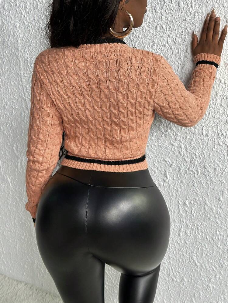 Contrast Trim Rhinestone Detail Crop Sweater