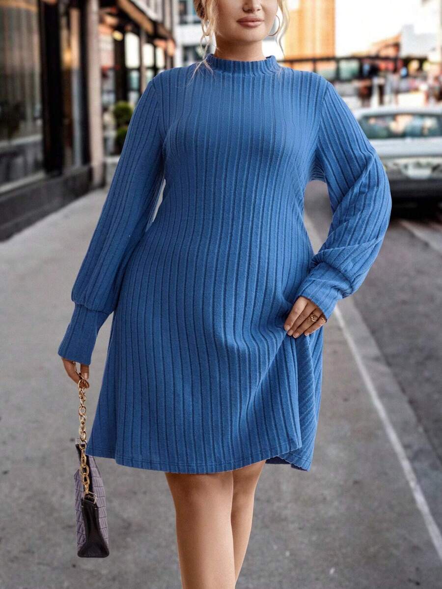 SHEIN LUNE Plus Mock Neck Lantern Sleeve Ribbed Knit Dress Without Belt - Multicolor - View 1
