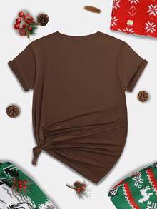 SHEIN LUNE 聖誕圖案T恤 - 棕色 - 查看 2