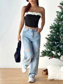 SHEIN EZwear Trang trí Fuzzy Ống ngọn - Đen và trắng - Xem 4