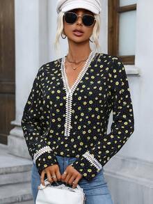 Floral Print Guipure Lace Trim Blouse - Black - View 1