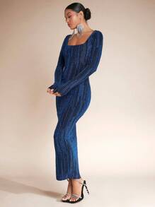 SHEIN BAE Square Neck Glitter Bodycon Dress - Blue - View 6
