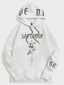 Manfinity RebelGame Men Slogan & Floral Print Drop Shoulder Drawstring Hoodie - Beige - View 5