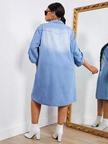 SHEIN SXY Plus Roll Up Sleeve Flap Pocket Button Front Denim Dress - Light Wash - View 2