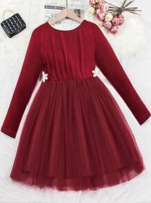 SHEIN Cô gái Tween Giấy dán hoa văn Lace  Lưới Hem Đầm Đối với Giáng sinh - Đỏ - Xem 2