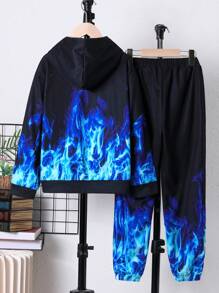 SHEIN Cậu bé Tween In Lửa Áo Hoodie & Quần thể thao - màu đen - Xem 2