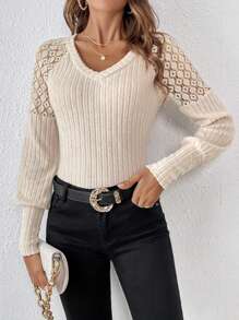 SHEIN Frenchy Contrast Lace Raglan Sleeve Tee - Apricot - View 3