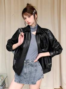 DAZY 素色落肩袖PU皮革夾克 - 黑色 - 查看 1
