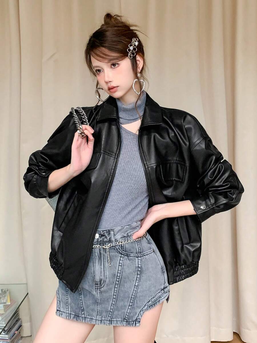 DAZY 素色落肩袖PU皮革夾克 - 黑色 - 查看 1