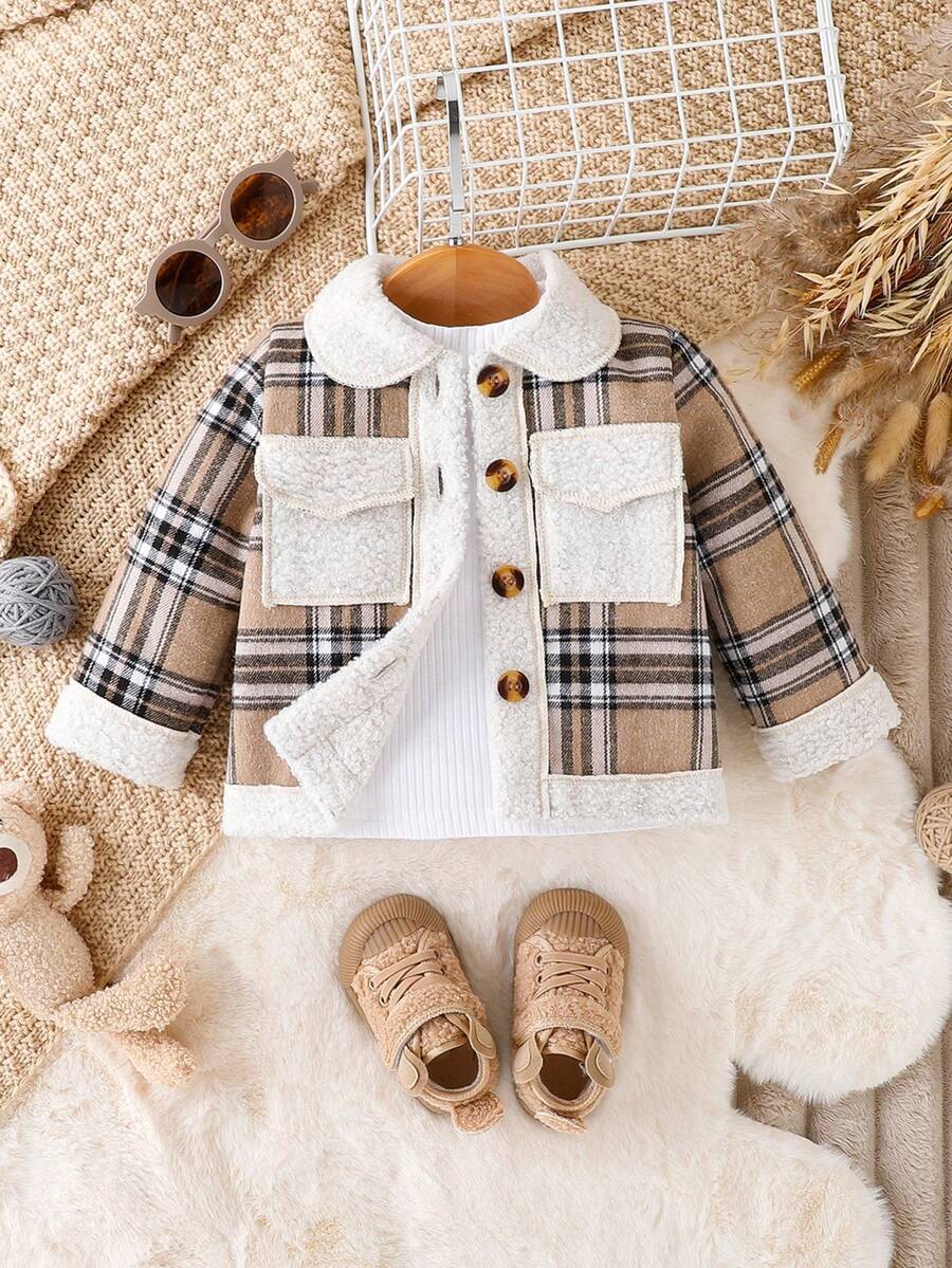 男嬰格紋印花毛絨內襯翻蓋口袋外套無毛衣
