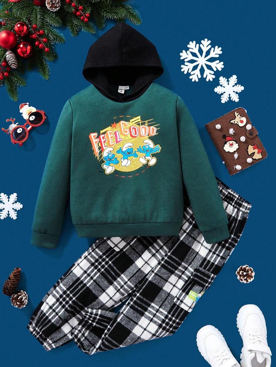 SHEIN X The Smurfs Tween Boy Letter & Cartoon Graphic Hoodie & Plaid Pants - Multicolor - View 1
