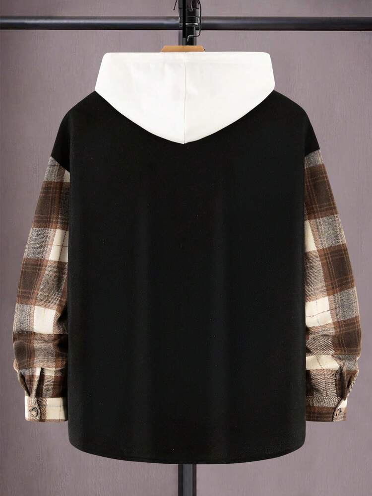 Men Contrast Plaid Print Drop Shoulder Overcoat Without Hoodie