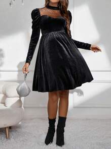 SHEIN Maternity Contrast Mesh Gigot Sleeve Velvet Dress - Black - View 6