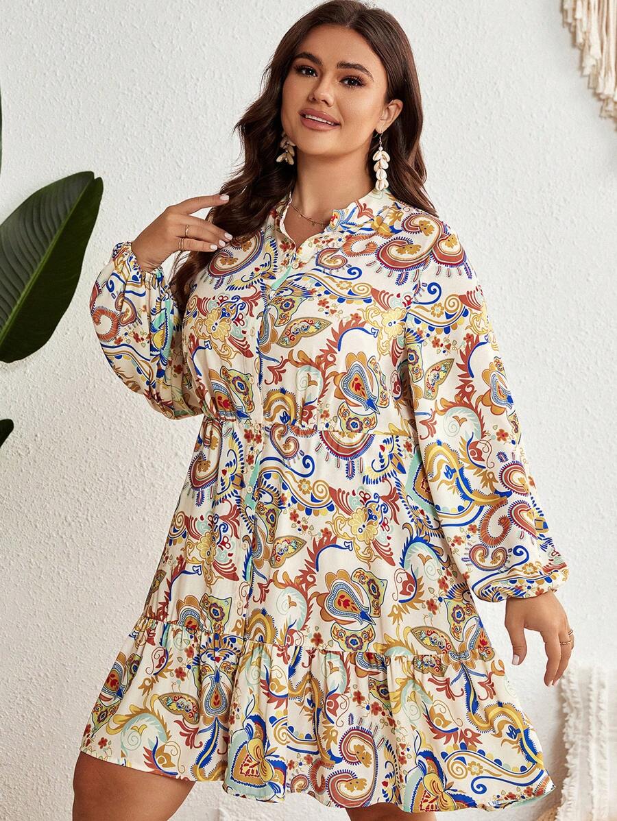 SHEIN VCAY Hơn In hoa Paisley Tay áo lồng đèn Xù Hoa Sen Đầm - Nhiều màu - Xem 1
