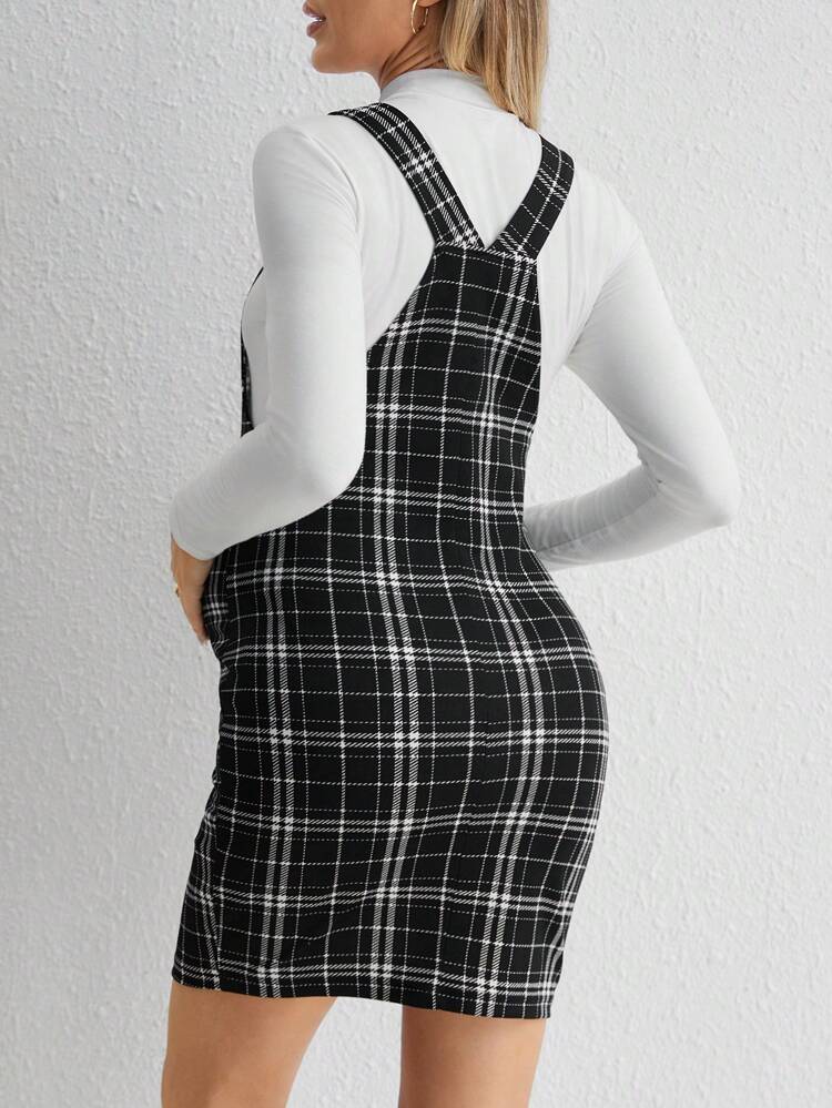 Maternity Mock Neck Tee & Plaid Overall Dress