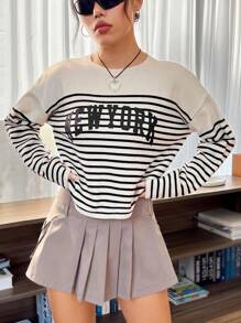 SHEIN EZwear Striped & Letter Pattern Drop Shoulder Sweater - Khaki - View 3