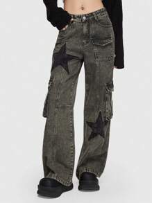 ROMWE Grunge Punk Pantalones vaqueros tipo cargo para novio con bolsillos con solapa y estampado de estrellas, para la escuela