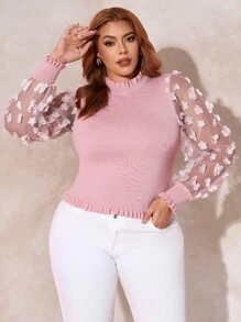 SHEIN SXY Hơn Đèn treo tường Tay áo lưới Lá sen tỉa Cổ giả Áo len - Bụi hồng - Xem 1