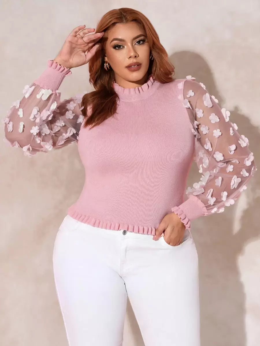 SHEIN SXY Hơn Đèn treo tường Tay áo lưới Lá sen tỉa Cổ giả Áo len - Bụi hồng - Xem 1