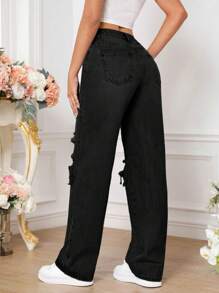 SHEIN Tall 破洞直筒牛仔褲 - 黑色 - 查看 2
