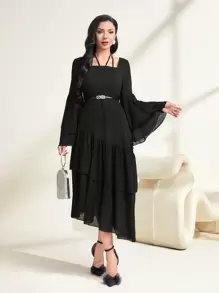 Modelyn Solid Long Flounce Sleeve Ruffle Hem Modest Dress Long Evening Dresses