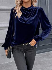 SHEIN Clasi Cổ giả Tay áo lồng đèn Nhung Áo sơ mi - Màu xanh hải quân - Xem 5