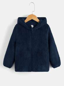 SHEIN Young Boy Zip Up Hooded Teddy Jacket,In Fall/Winter - Royal Blue - View 1