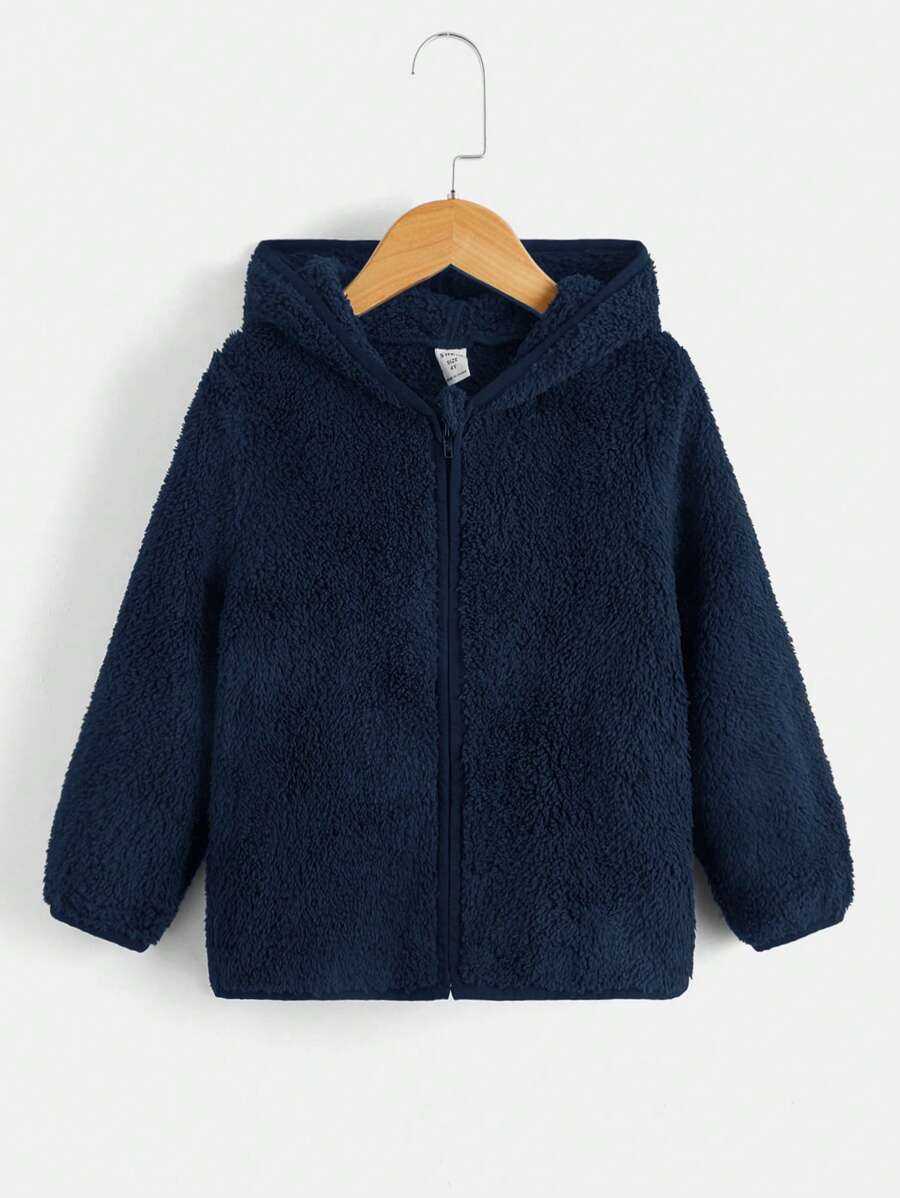 SHEIN Young Boy Zip Up Hooded Teddy Jacket,In Fall/Winter - Royal Blue - View 1