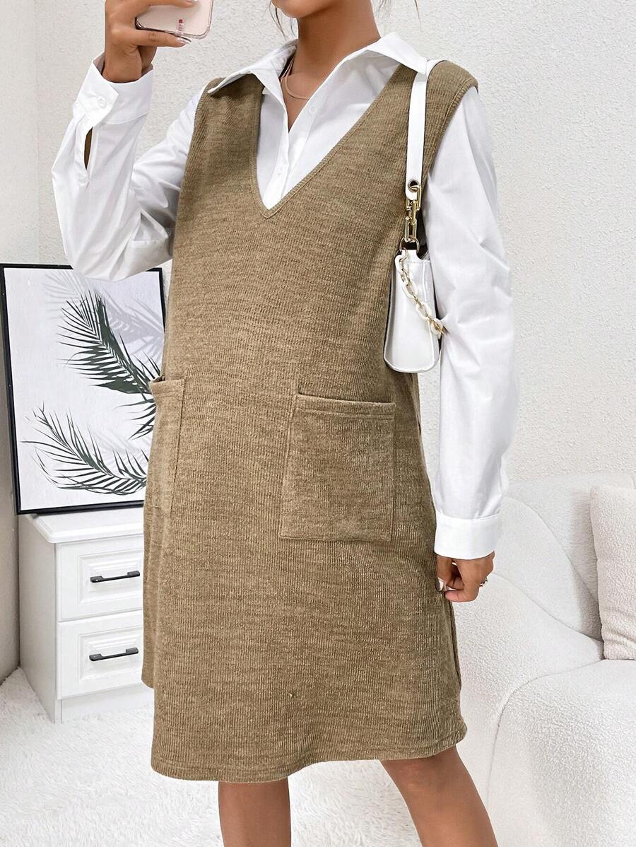 SHEIN 孕婦素色襯衫&口袋貼布背心洋裝 - 卡其色 - 查看 1